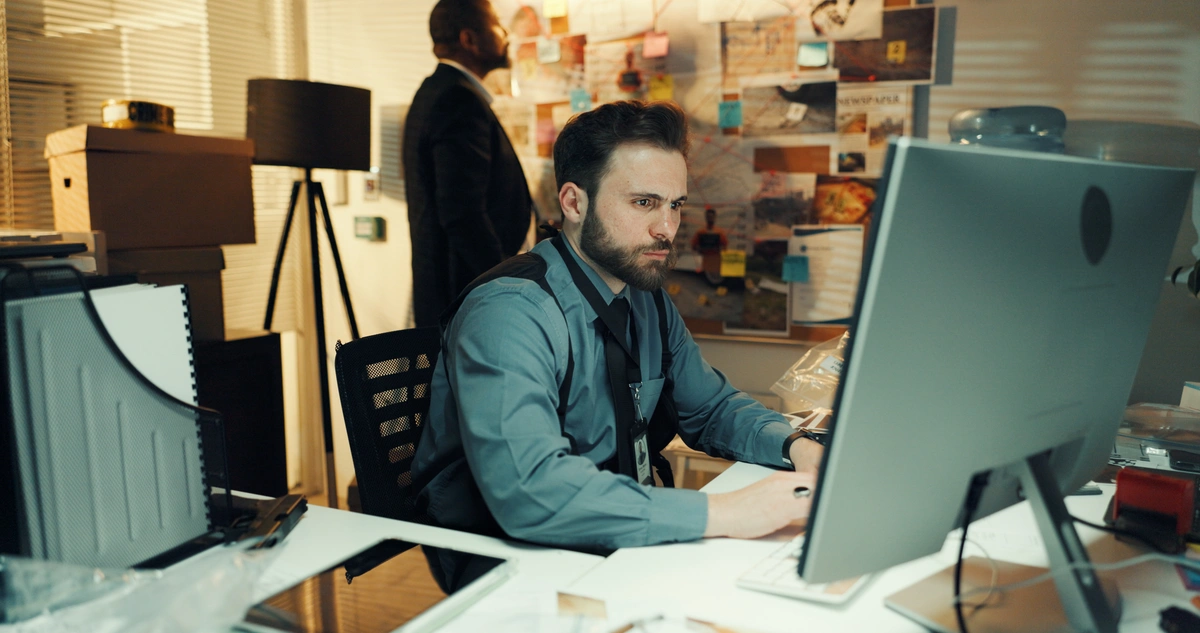 private investigator analysing case files on computer for people tracing